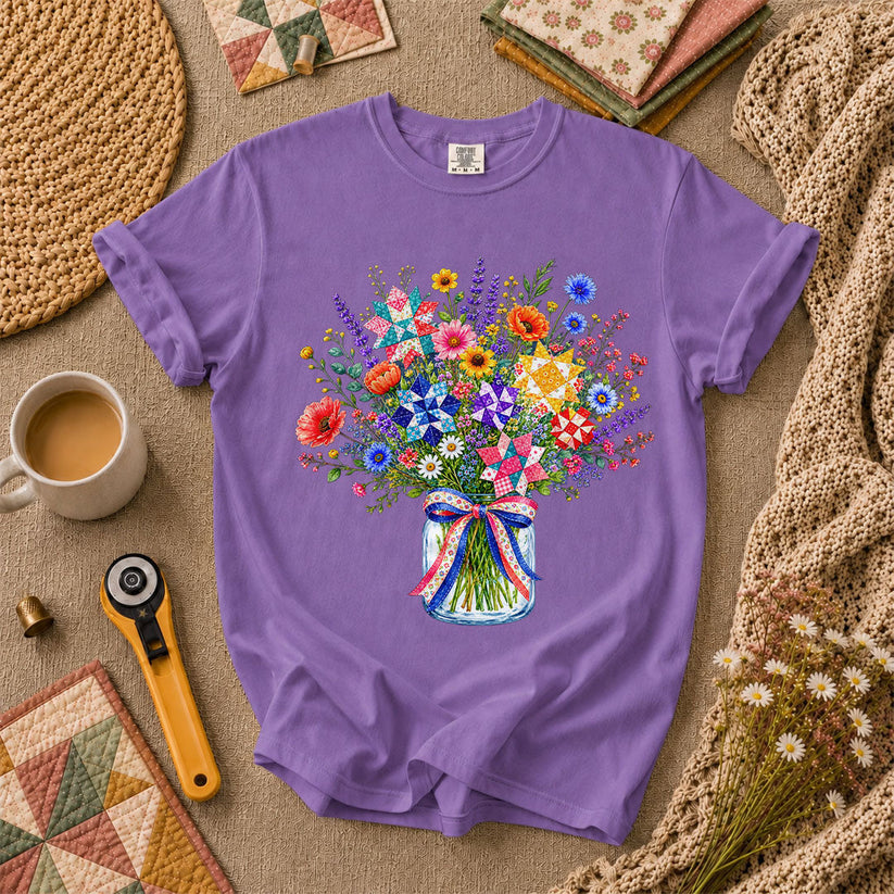 Wildflower Bouquet Quilt Star Mason Jar T-Shirt - Heather Team Purple