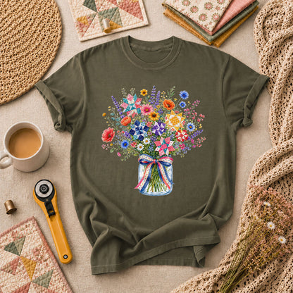 Wildflower Bouquet Quilt Star Mason Jar T-Shirt - Military Green