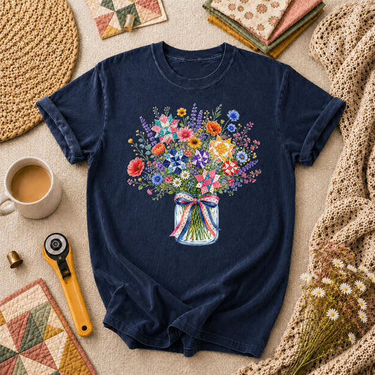 Wildflower Bouquet Quilt Star Mason Jar T-Shirt - Navy