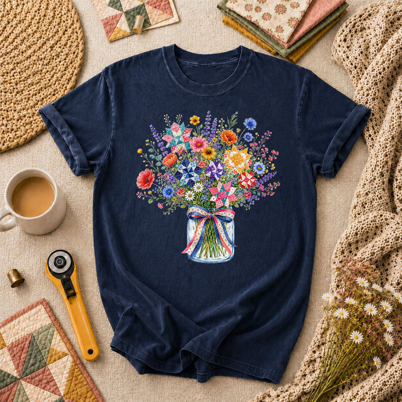 Wildflower Bouquet Quilt Star Mason Jar T-Shirt - Navy