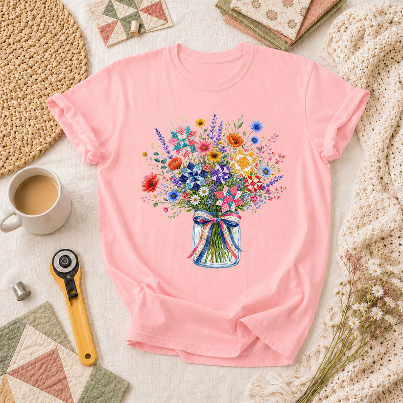 Wildflower Bouquet Quilt Star Mason Jar T-Shirt - Pink