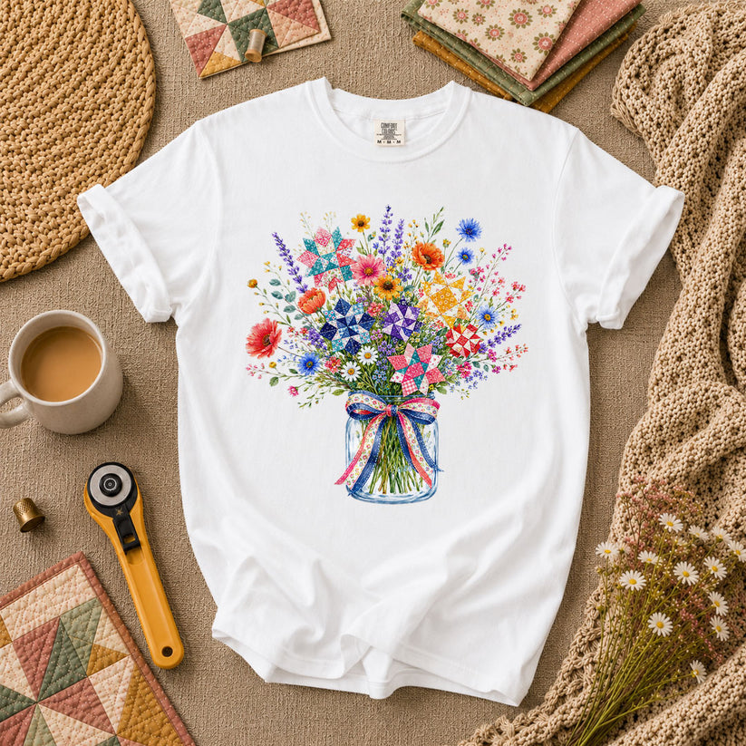 Wildflower Bouquet Quilt Star Mason Jar T-Shirt - White