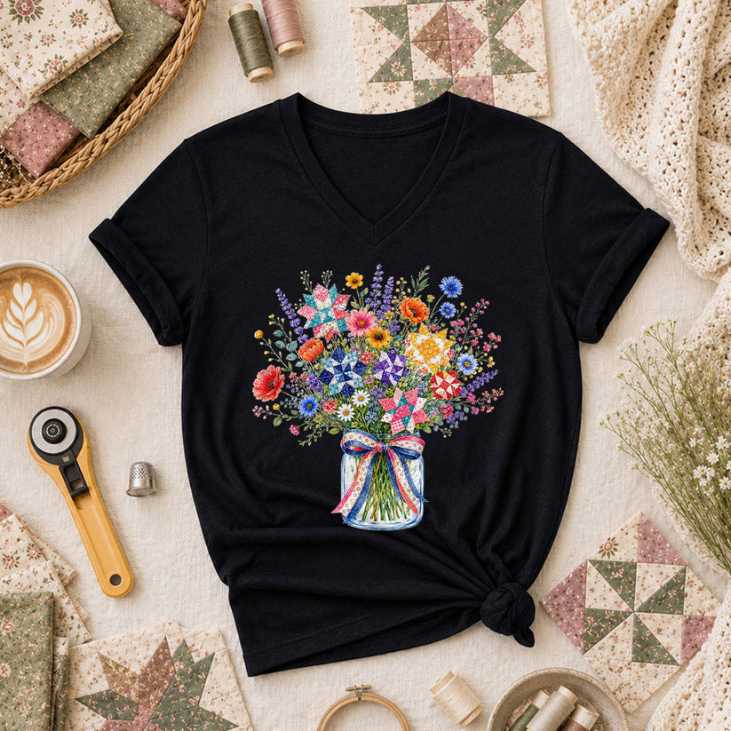 Wildflower Bouquet Quilt Star Mason Jar Women's V-Neck - Black