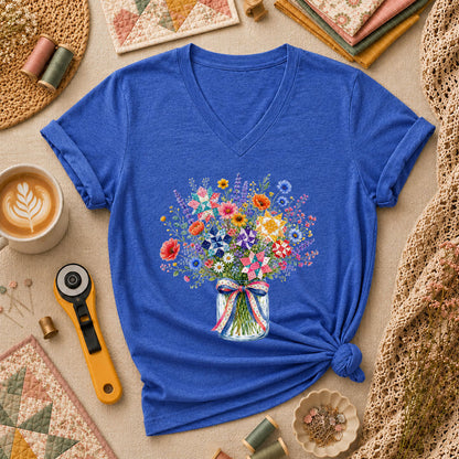 Wildflower Bouquet Quilt Star Mason Jar Women's V-Neck - Heather True Royal