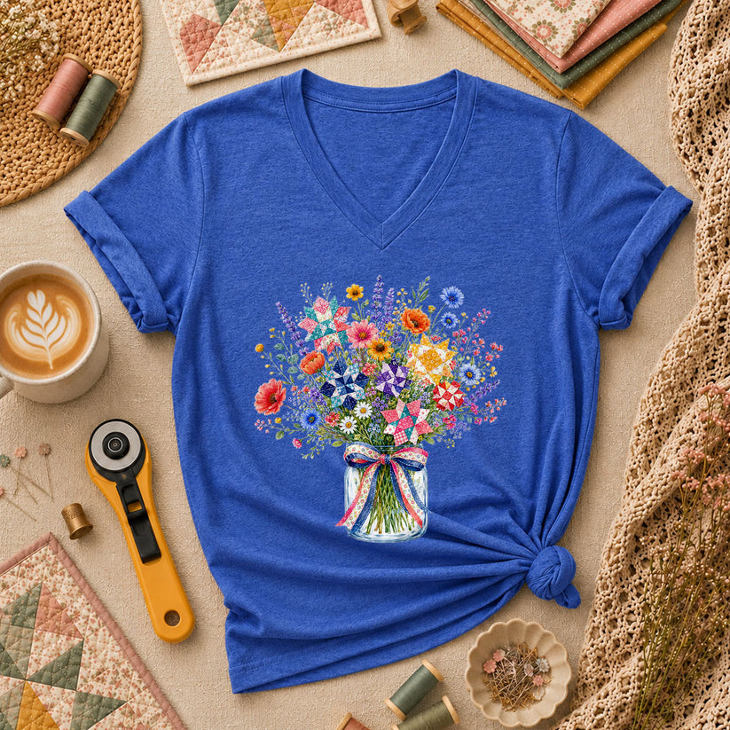 Wildflower Bouquet Quilt Star Mason Jar Women's V-Neck - Heather True Royal