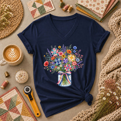 Wildflower Bouquet Quilt Star Mason Jar Women's V-Neck - Navy