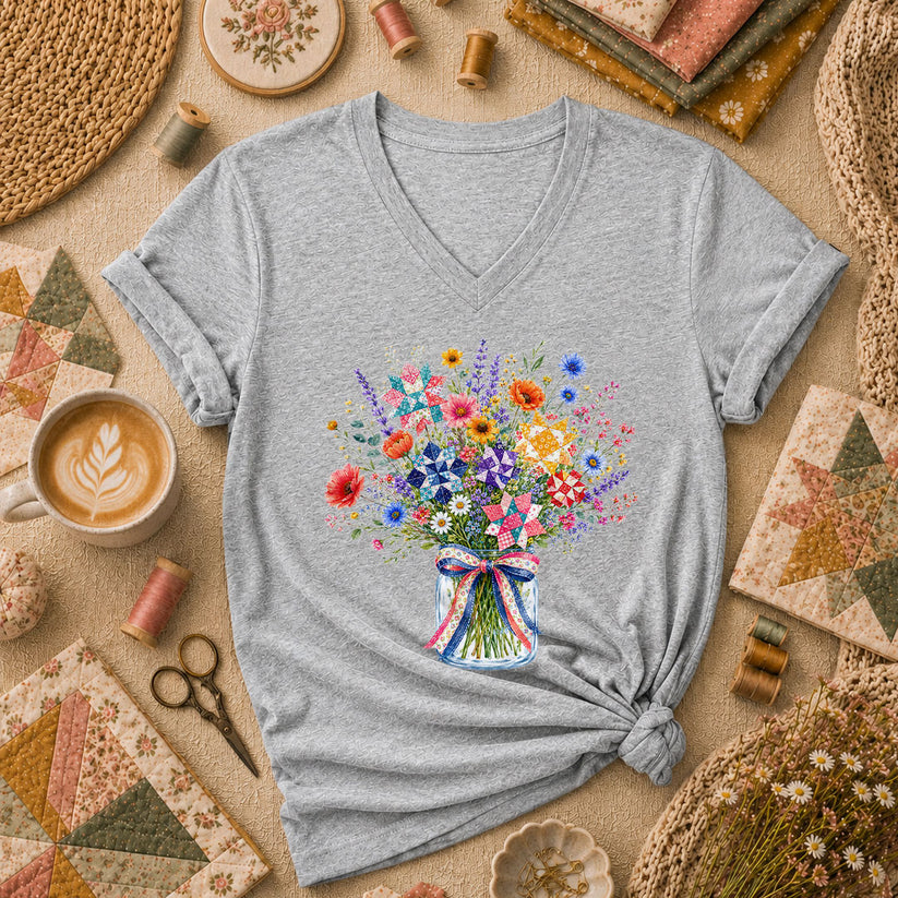 Wildflower Bouquet Quilt Star Mason Jar Women's V-Neck - Sport Grey