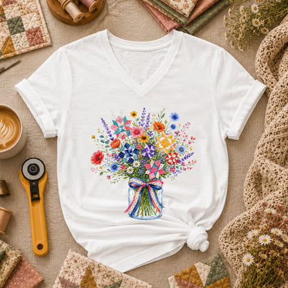 Wildflower Bouquet Quilt Star Mason Jar Women's V-Neck - White