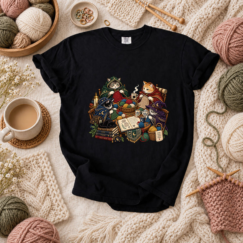 Witch Cats Knitting Coven T-Shirt - Black