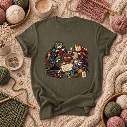 Witch Cats Knitting Coven T-Shirt - Military Green