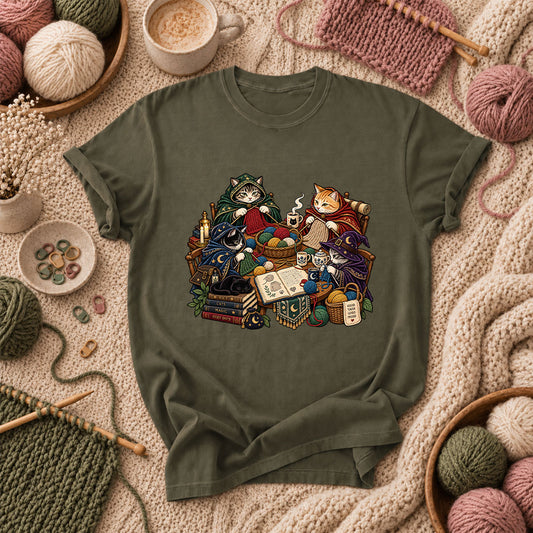 Witch Cats Knitting Coven T-Shirt - Military Green