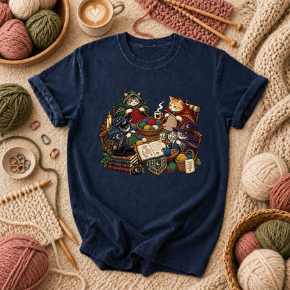 Witch Cats Knitting Coven T-Shirt - Navy