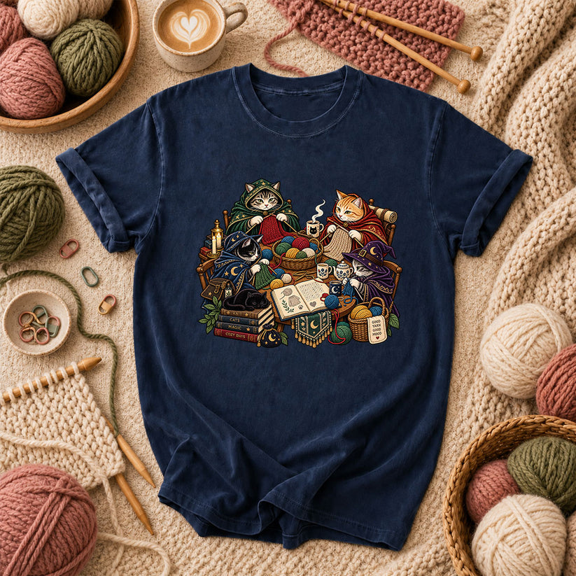Witch Cats Knitting Coven T-Shirt - Navy