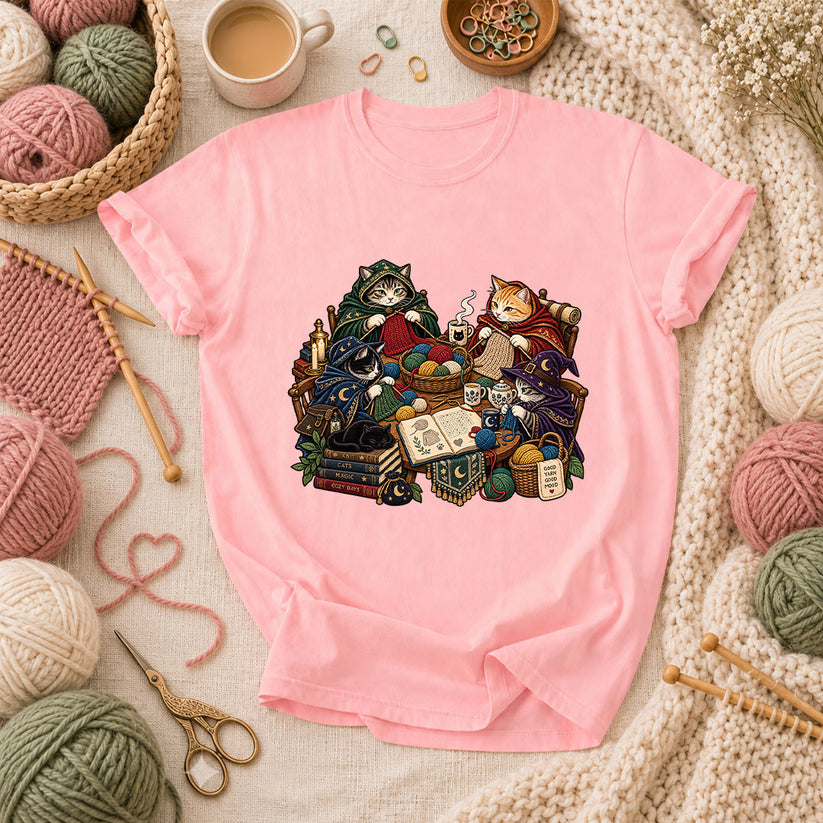 Witch Cats Knitting Coven T-Shirt - Pink