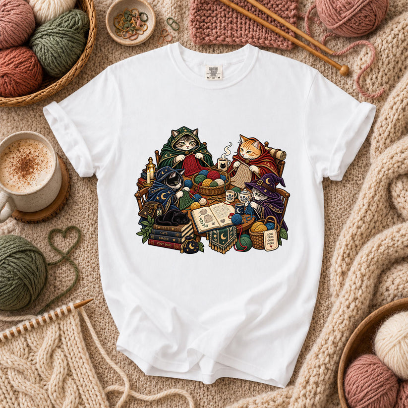 Witch Cats Knitting Coven T-Shirt - White