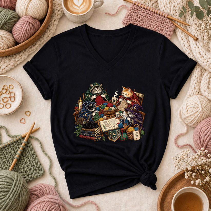 Witch Cats Knitting Coven Women's V-Neck - Black