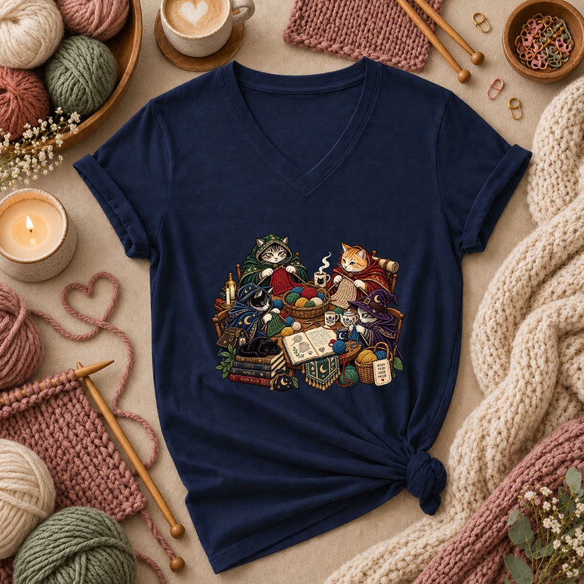 Witch Cats Knitting Coven Women's V-Neck - Navy