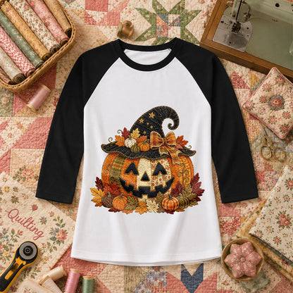 Witch Hat Jack-O-Lantern With Fall Leaves Raglan Sleeve - Black
