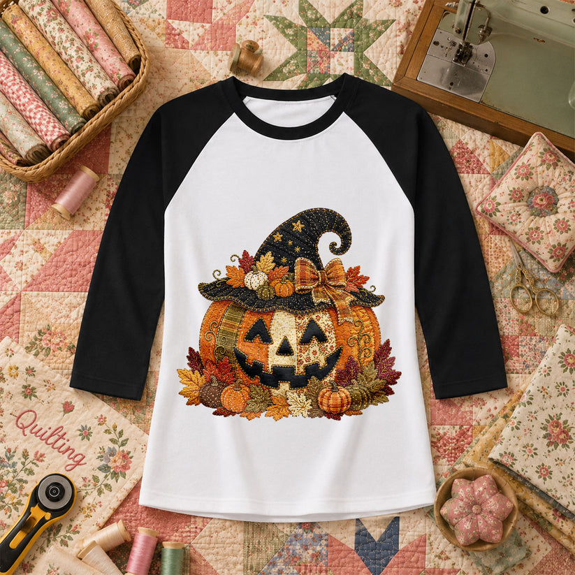 Witch Hat Jack-O-Lantern With Fall Leaves Raglan Sleeve - Black
