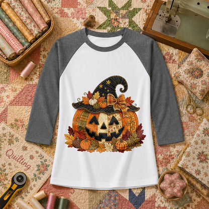 Witch Hat Jack-O-Lantern With Fall Leaves Raglan Sleeve - Deep Heather