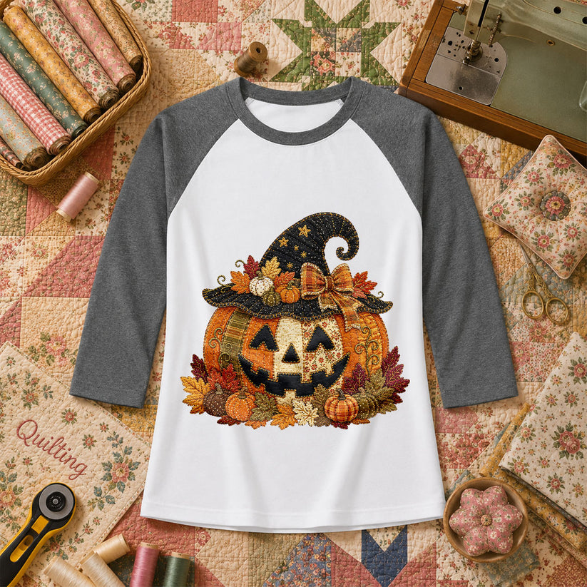 Witch Hat Jack-O-Lantern With Fall Leaves Raglan Sleeve - Deep Heather