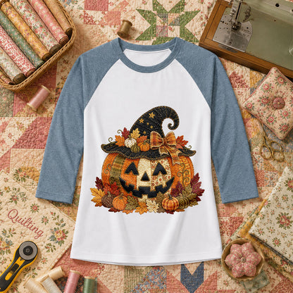 Witch Hat Jack-O-Lantern With Fall Leaves Raglan Sleeve - Denim