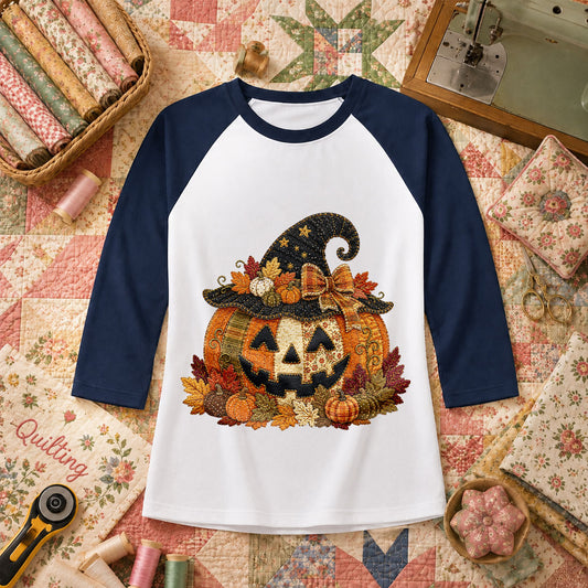 Witch Hat Jack-O-Lantern With Fall Leaves Raglan Sleeve - Navy
