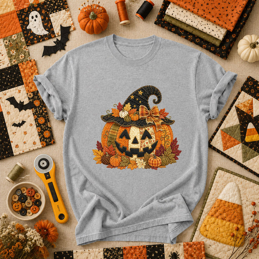 Witch Hat Jack-O-Lantern With Fall Leaves T-Shirt - Athletic Heather