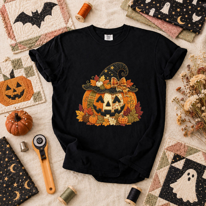 Witch Hat Jack-O-Lantern With Fall Leaves T-Shirt - Black