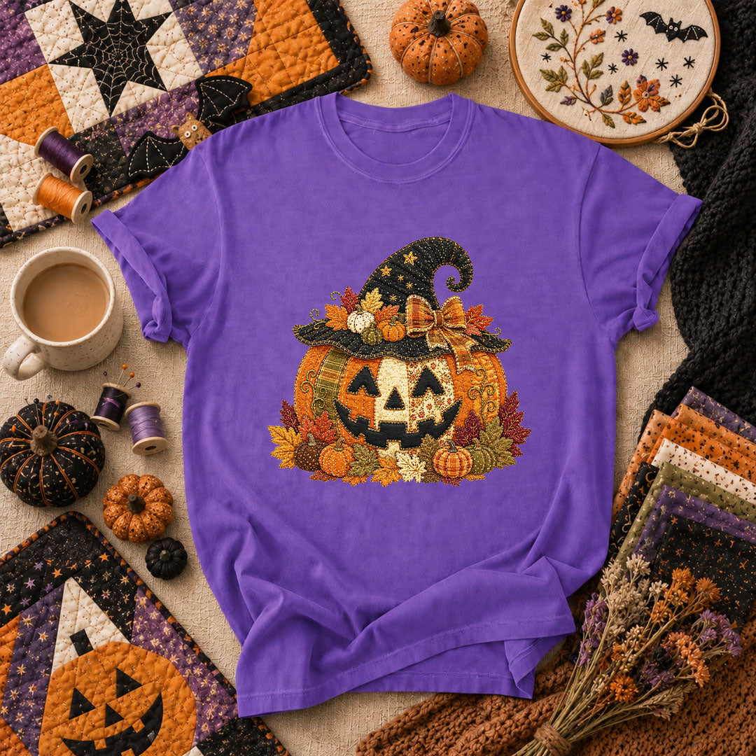 Witch Hat Jack-O-Lantern With Fall Leaves T-Shirt - Heather Team Purple