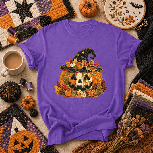 Witch Hat Jack-O-Lantern With Fall Leaves T-Shirt - Heather Team Purple