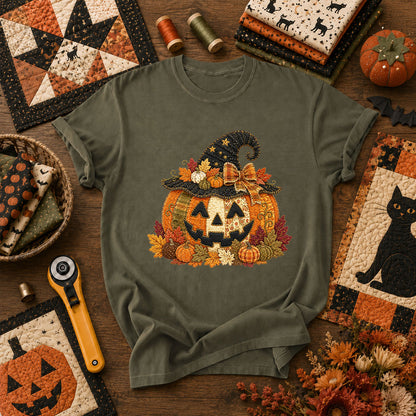 Witch Hat Jack-O-Lantern With Fall Leaves T-Shirt - Military Green