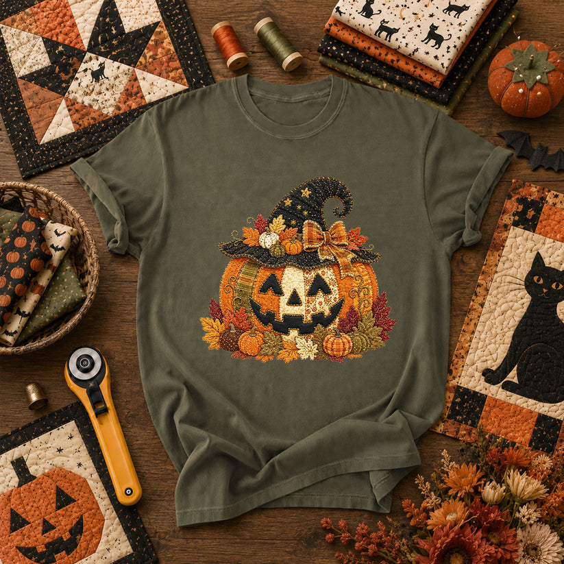 Witch Hat Jack-O-Lantern With Fall Leaves T-Shirt - Military Green