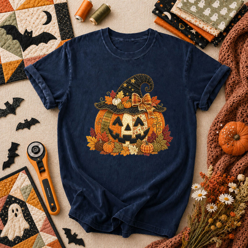 Witch Hat Jack-O-Lantern With Fall Leaves T-Shirt - Navy