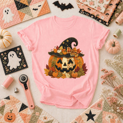 Witch Hat Jack-O-Lantern With Fall Leaves T-Shirt - Pink