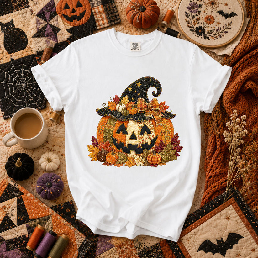 Witch Hat Jack-O-Lantern With Fall Leaves T-Shirt - White
