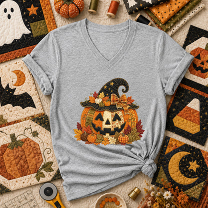 Witch Hat Jack-O-Lantern With Fall Leaves Women's V-Neck - Athletic Heather