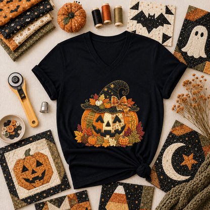 Witch Hat Jack-O-Lantern With Fall Leaves Women's V-Neck - Black