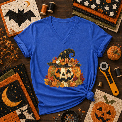 Witch Hat Jack-O-Lantern With Fall Leaves Women's V-Neck - Heather True Royal