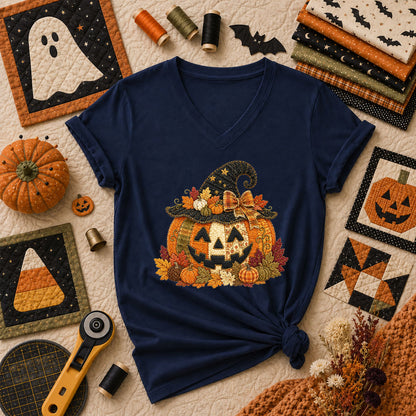 Witch Hat Jack-O-Lantern With Fall Leaves Women's V-Neck - Navy