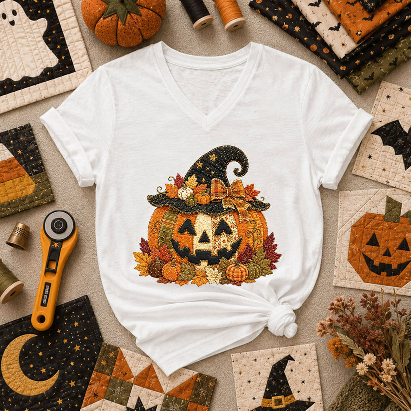 Witch Hat Jack-O-Lantern With Fall Leaves Women's V-Neck - White
