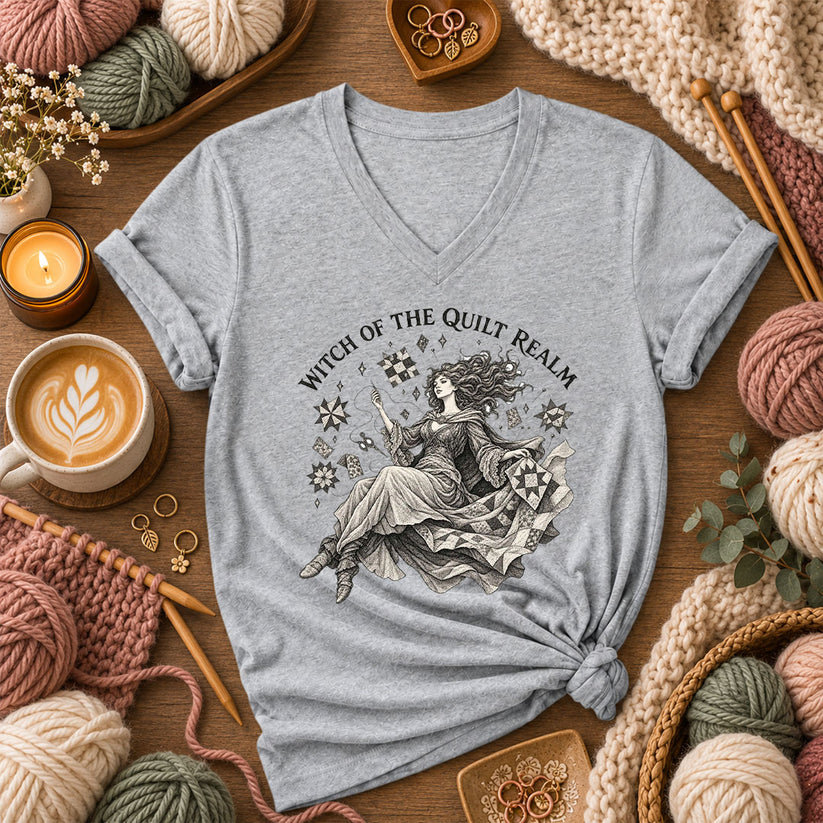 Witch Of The Quilt Realm Women's V-Neck - Athletic Heather