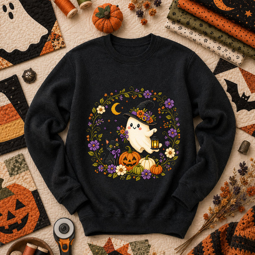 Witchy Ghost Cat Pumpkin Wreath Long Sleeve - Black