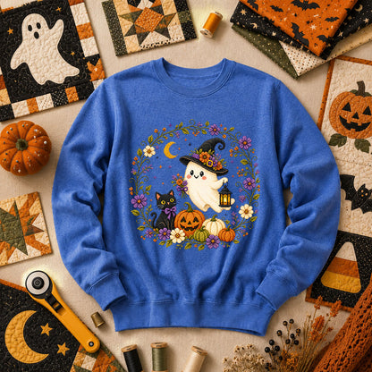 Witchy Ghost Cat Pumpkin Wreath Long Sleeve - Heather True Royal