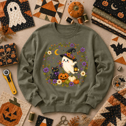 Witchy Ghost Cat Pumpkin Wreath Long Sleeve - Military Green