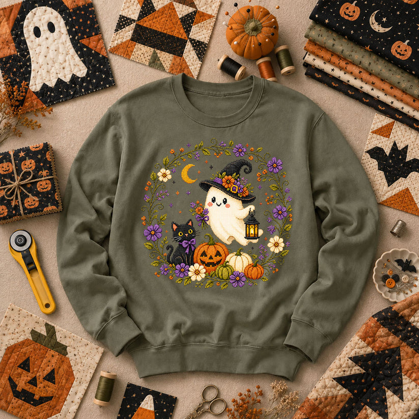 Witchy Ghost Cat Pumpkin Wreath Long Sleeve - Military Green