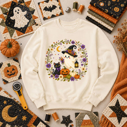 Witchy Ghost Cat Pumpkin Wreath Long Sleeve - Natural