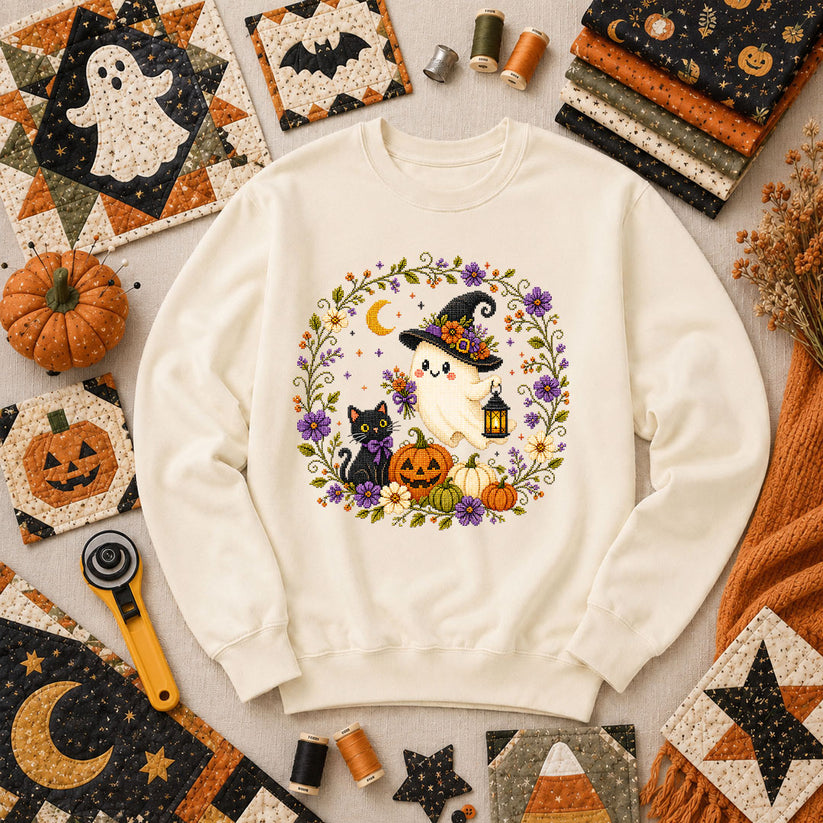 Witchy Ghost Cat Pumpkin Wreath Long Sleeve - Natural
