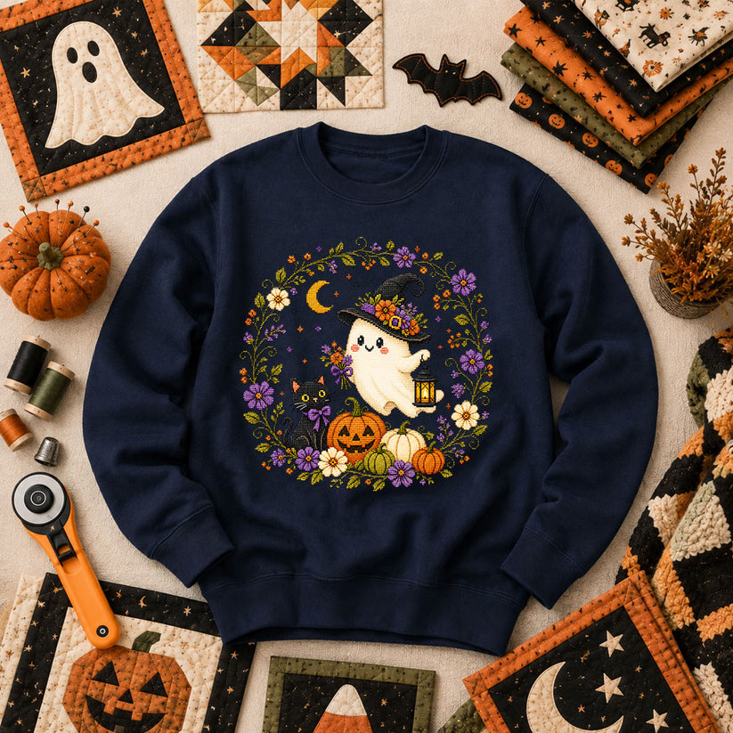 Witchy Ghost Cat Pumpkin Wreath Long Sleeve - Navy