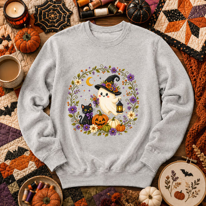 Witchy Ghost Cat Pumpkin Wreath Long Sleeve - Sport Grey